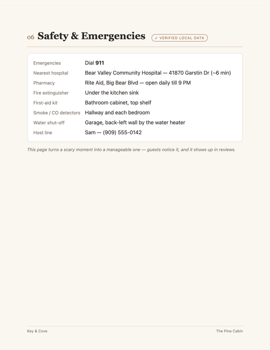 Safety and emergencies page with nearest hospital